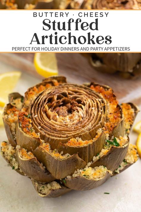 Tender steamed artichokes stuffed with garlicky, buttery breadcrumbs, this recipe is perfect any time you want to impress! Excellent for dinner parties, company, holidays, or whenever you need a recipe that feels special. Serve with melted butter or any other sauce for dipping. Baked Stuffed Artichokes, Artichoke Recipes Steamed, Stuffed Artichoke Recipes, Steamed Artichokes, Artichoke Heart Recipes, Steam Artichoke, Stuffed Artichokes, How To Cook Artichoke, Baked Artichoke