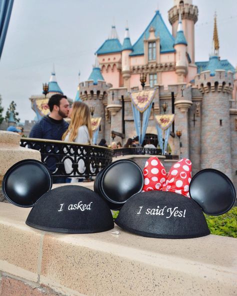 Mickey Mouse Custom Ears for the picture perfect surprise Disneyland proposal. Disney Proposal Ideas Engagement, Disney World Proposal Ideas, Disneyland Proposal Ideas, Disney World Engagement Pictures, Disney Themed Engagement Photos, Disney Proposal Ideas, Disney World Proposal, Disneyland Proposal, Disneyland Wedding Photos