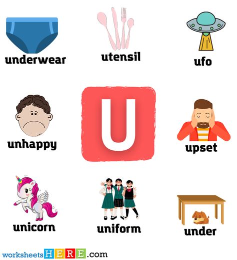 Alphabet U, Words List, Picture Table, Letter U, Word List, Educational Materials, Phonics, School Ideas, Vocabulary