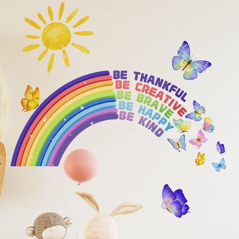 PRICES MAY VARY. 【Suitable Size 】: You will receive 2 sheets of kids wall decals,each sheet approx size is 23.6” X 11.8” inches for typesetting size. 【Premium Material 】：The kids wall stickers are made of premium vinyl and pvc material,which is safe to use, reliable,durable,never fade,not easy to tear.These colorful inspirational wall stickers can stick to any surfaces for years with the powerful backing adhesion.Also these cute wall stickers are removable without any damage or residue leaves be Kids Room Rainbow, Butterflies Classroom, Cloud And Rainbow, Colourful Butterflies, Infant Classroom, Rainbow Wall Decal, Rainbow Wall Decor, Kids Room Wall Stickers, Kids Playroom Decor