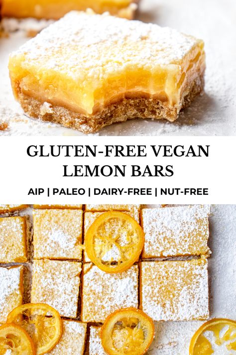 These easy egg-free Gluten-free Vegan Lemon Bars are perfectly sweet and tangy. A grain-free, nut-free crust is topped with a luscious dairy-free lemon filling for the best AIP/paleo lemon treat. #healmedelicious #aip #paleo #aiprecipes #paleorecipes #aipdiet #autoimmunepaleo #aipprotocol #glutenfree #dairyfree #veganlemonbars #glutenfreelemonbars #eggfreelemonbars #dairyfreelemonbars #paleolemonbars #nutfree #paleobaking #glutenfreebaking #springtreats #springdesserts #lemonsquares Aip Bars Recipe, Aip Easter Dessert, Aip Lemon Bars, Delicious Aip Recipes, Paleo Lemon Bread, Aip Lemon Dessert, Heal Me Delicious, Aip Baked Goods, Aip Bars