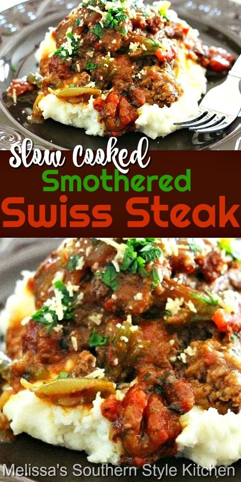 This Slow Cooked Smothered Swiss Steak recipe is the perfect match-up for a generous scoop of mashed potatoes, egg noodles or rice. Swiss Stake Recipe, Barbeque Beef, March Recipes, Swiss Steak Recipe, Smothered Steak, Swiss Steak Recipes, Swiss Steak, Crockpot Ideas, Salisbury Steak Recipes