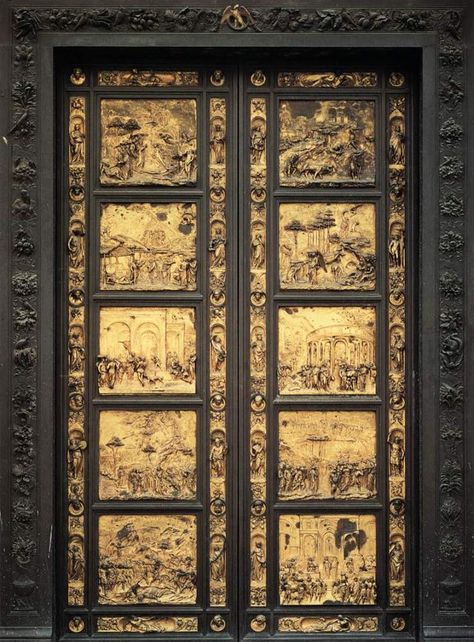 "Gates of Paradise." Panels on the east door of Florence Baptistery, by Lorenzo Ghiberti. It communicates more than the two sides of the door, also connect us with something transcendent. Florence Baptistery, Gates Of Paradise, Lorenzo Ghiberti, Moroccan Doors, Golden Door, Rainbow Mosaic, Uffizi Gallery, Wooden Gates, Blue Door