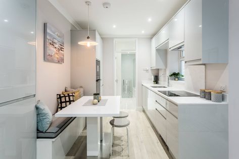 8 Ways to Fit a Seating Area into a Galley Kitchen | Houzz UK Small Seating Area In Kitchen, Opening Up A Galley Kitchen, Small Closed Kitchens, Seating Area In Kitchen, One Bed Apartment, Kitchen Seating Area, Galley Kitchen Layout, Kitchen Eating Areas, Basement Kitchenette