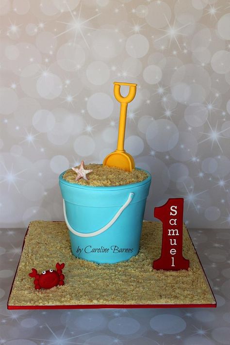 Bucket and spade cake. With a carved bucket cake, fondant decorations and shortbread biscuit ‘sand’, everything is edible. Tropical Cakes, Children Cake, Beach Themed Cakes, Bucket And Spade, Beach Cakes, Decorating Cakes, Summer Cakes, Novelty Cakes, Special Cake