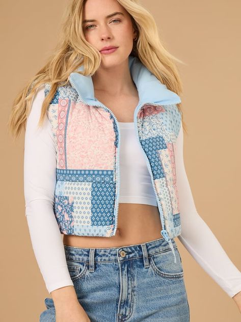 Cozy and chic, this patchwork puffer vest offers warmth and style. Its adjustable cinch hem allows you to customize your fit for a perfect look. Unique Vests, Winter Cozy Outfits, Patchwork Puffer Jacket, Cute Vests, White Dress Boots, Aesthetic Christmas Outfits, Patchwork Outfit, Diy Vest, Hooded Shacket