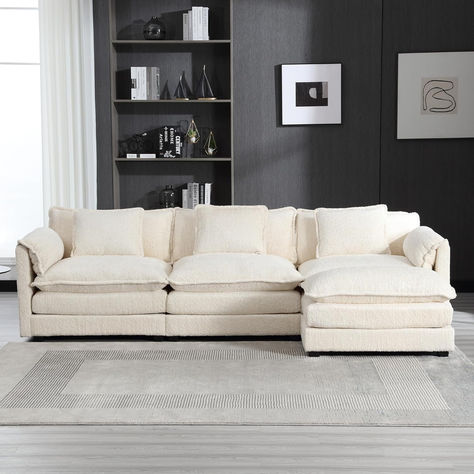 GNIXUU 112" Oversized Sectional Sofa Cloud Couch for Living Room, Modern Chenille L Shaped Couch, Comfy Boucle Modular Sofa Sleeper with Moveable Ottoman & Memory Foam(Beige) Couch Comfy, Bright Sofa, Modern Couch Sectional, L Shaped Living Room, Oversized Sectional, Oversized Sectional Sofa, Sofa Cloud, Sectional Sofa Beige, Cloud Couch