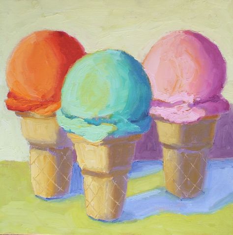 Three Cones by Pat Doherty Still Life Title Page, Oil Pastel For Kids, Oil Pastels Ideas, Drawing Oil Pastels, Bold Paintings, Oil Pastels Drawing, Tooth Art, Ice Cream Painting, Pastel Ice Cream