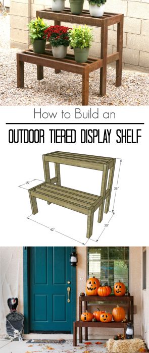 Learn how to build an outdoor tiered display shelf, with FREE building plans. Perfect to display holiday decor or to use year-round. Outdoor Plant Stands Wood, Diy Outdoor Shelving, Diy Tiered Plant Stand Outdoor, 3 Tier Plant Stand Diy, 2x4 Plant Stand Diy, Diy Tiered Shelf, Diy Outdoor Shelf, Diy Plant Shelf Outdoor, Plant Stand Ideas Diy