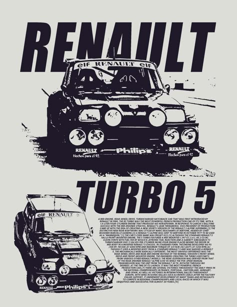 Poster of the Renault Turbo 5, a car used in 1980s rally races Rally Poster, Hatchback Cars, The Great Race, Rally Racing, Rallying, Rear Wheel Drive, A Car, Race Cars, Thing 1