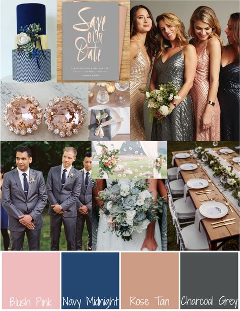 Blush Pink, Navy Blue, Rose Gold, & Charcoal Grey - Midnight Summer's Dream/A Summer's Eve Color Wedding Palette Navy Blue Gray And Rose Gold Wedding, Mauve Navy Champagne Wedding, Navy Gray Pink Wedding, Navy Blue Blush Pink Silver Wedding, Navy Blue Blush Pink Grey Wedding, Navy Silver And Pink Wedding Color Palettes, Navy Blue And Blush Pink Wedding Entourage, Tux Groomsmen, Navy Wedding Ideas