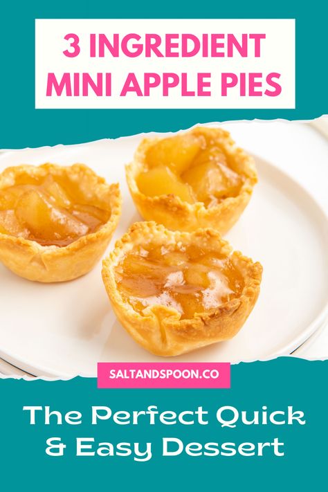 These 3 ingredient mini apple pies are the perfect sweet treat for any occasion! Crumbly, buttery pie crust is filled with juicy apple pie filling and a touch of vanilla. With just three simple ingredients, these mini pies are easy to make in no time at all. Enjoy the sweet aroma of baked apple pies as they warm your kitchen - each bite bursts with flavor and is sure to please any sweet tooth! Easy Mini Apple Pies For Kids, Apple Pie Bites With Pie Crust, Juicy Apple Pie, Small Apple Pies, Mini Apple Pie Recipe, Dutch Apple Pie Recipe, Mini Pie Crust, Apple Pie Recipe Easy, Baby Apple