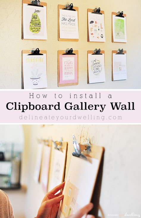 Learn how to create a simple Clipboard Gallery Wall to display your favorite artwork, graphic prints or inspirational quotes. Delineate Your Dwelling #clipboardgallerywall #clipboardgallery Clipboard Gallery Wall, Clipboard Wall Art, Clipboard Wall, Clipboard Art, Work Office Ideas, Clipboard Decorating, Art Display Wall, Display Quotes, Work Cubicle