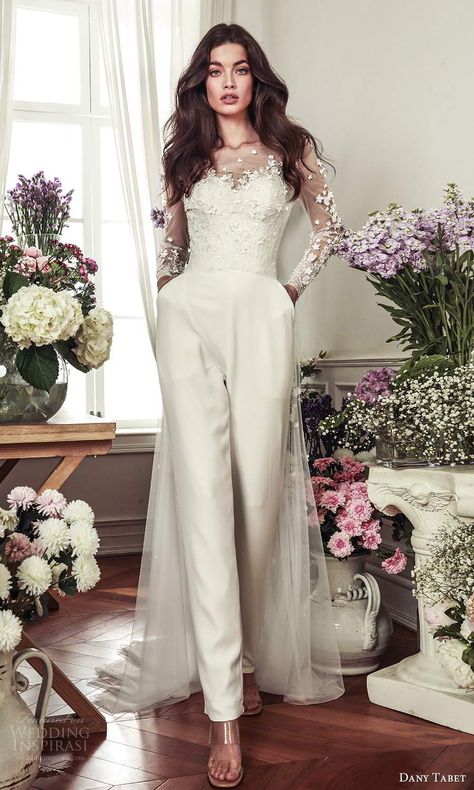 Wedding Dress With Trousers, Wedding Dress With Pants Style, Bride Wedding Outfit Pants, Wedding Dresses Pants, Simple Wedding Dress Pants, Lesbian Wedding Dresses Gowns Pant Suits, Wedding Pantsuits The Bride, Wedding Dress Pants Brides, Pants Dress Wedding