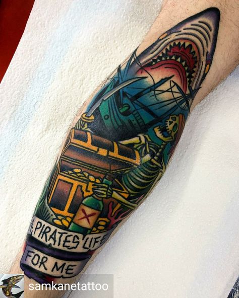 Neo Traditional Pirate Tattoo, Traditional Pirate Tattoo, Pirate Themed Tattoos, Pirate Tattoo, Nautical Tattoo, American Tattoos, Angler Fish, Neo Traditional, Pirate Theme