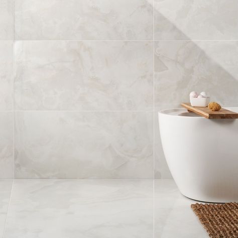 Jewel Onyx White 24x48 Polished Porcelain Tile | Tilebar.com Porcelain Tile Bathroom, Onyx Tile, Shower Wall Tile, Polished Porcelain Tiles, Tile Covers, Ivy Hill Tile, Large Format Tile, Stone Look Tile, White Onyx