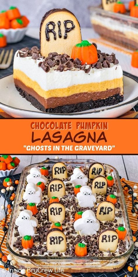 Chocolate Pumpkin Lasagna - tombstone cookies and marshmallow ghosts turn this no bake pumpkin lasagna into a Ghosts in the Graveyard dessert. Make this easy recipe for Halloween parties. Halloween Lasagna, Graveyard Dessert, Tombstone Cookies, Ghosts In The Graveyard, Marshmallow Ghosts, Dip Appetizers, Pumpkin Lasagna, Fall Eats, Fall Goodies