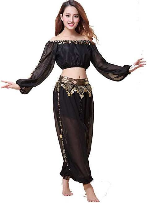 Amazon.com: ZLTdream Belly Dance Chiffon Long Sleeves Top and Lantern Coins Pants Black, One Size: Clothing Belly Dancer Outfits, Dancer Outfits, Dancing Outfits, Belly Dancer Costumes, Arabian Dress, Belly Dance Dress, Dancer Costume, Cool Dresses, Belly Dance Outfit