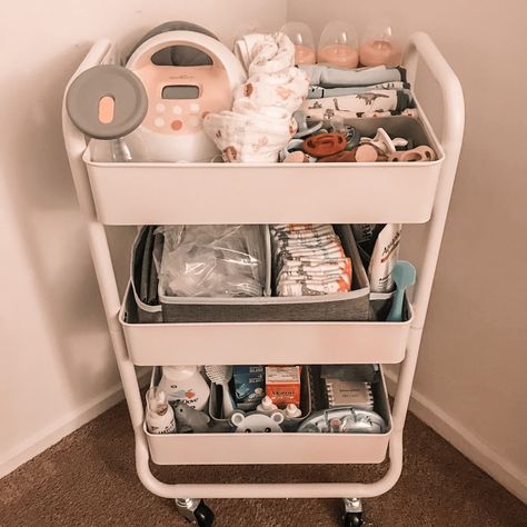 How to Make a Nursing Cart (FREE Checklist!) - Birthing Balance Bedside Cart For Baby And Mom, Nursery Cart Essentials, Newborn Trolley Cart, Bed Side Cart For Newborn, Newborn Cart Organization, Bedside Nursing Cart, Bedside Cart For Newborn, Baby Trolley Organiser, Cart For Baby Supplies