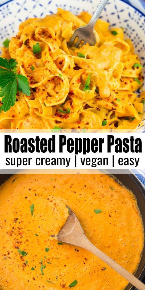 Resep Pasta, Roasted Red Pepper Pasta, Red Pepper Pasta, Paprika Sauce, Favorite Pasta Recipes, Pepper Pasta, Vegan Roast, Makanan Diet, Vegan Comfort Food