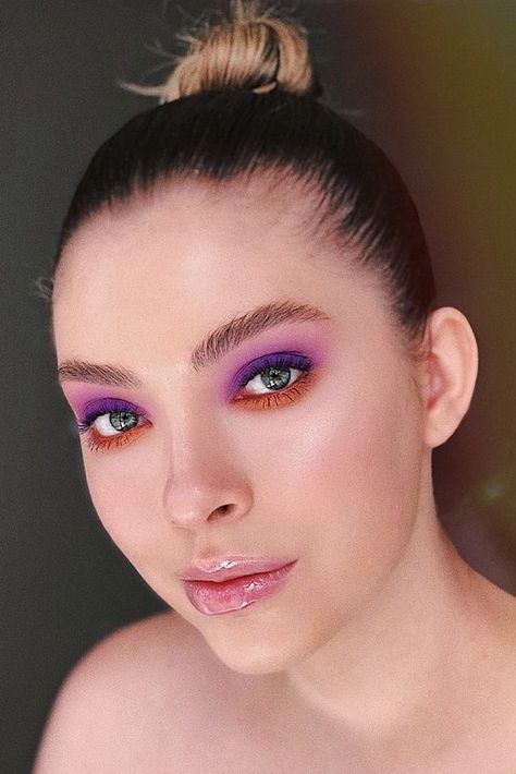 Orange Purple Eyeshadow Looks, Purple Orange Makeup Look, Orange Purple Makeup, Coldplay Makeup, Yellow And Purple Makeup, Orange And Purple Makeup, Pink And Orange Makeup, Purple Photoshoot, Secret Cinema