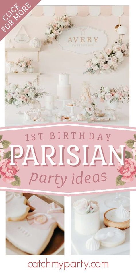 Fall in love with this gorgeous Parisian 1st birthday party! The cookies are so sweet! See more party ideas and share yours at CatchMyParty.com Paris 1st Birthday Party, French Market Birthday Party, Paris Theme First Birthday Party, French 1st Birthday Party, Paris First Birthday Party, French First Birthday Party, French First Birthday, Parisian Themed Birthday Party, French Themed First Birthday