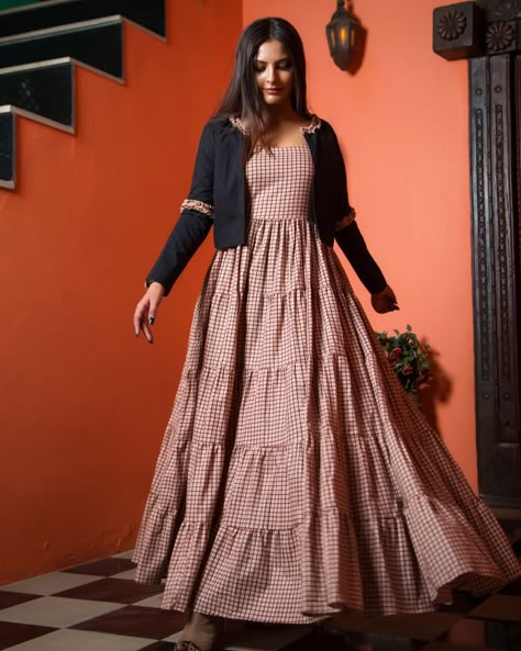 The Secret Label, Frocks And Gowns, Indian Skirt, Dress With Jacket, Cotton Gowns, Simple Gowns, Kurti Patterns, Tier Dress, Long Kurti Designs