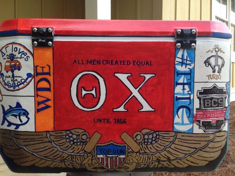 My theta chi painted frat formal cooler!  ΔΓ, Auburn University Auburn Frat Cooler, Charleston Frat Cooler, Theta Chi Frat Cooler, Theta Chi Fraternity, Painted Coolers For Guys Fraternity, Tke Fraternity Coolers, Theta Chi, Formal Cooler Ideas, Coolest Cooler