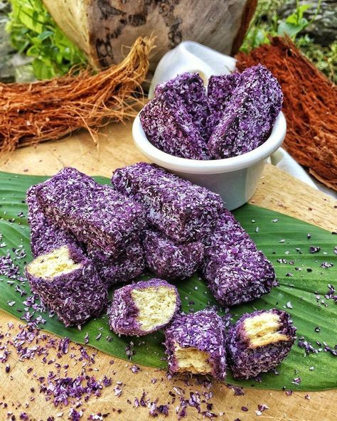 Chew Manila on Instagram: “Ube Coconut Bars.⁣⁣⁣ This classic Pinoy bread is made of rectangular ube baked bread coated first in traditionally purple yam sauce then…” Yam Sauce, Pinoy Bread, Purple Bread, Pinoy Merienda, Purple Yam, Coconut Bars, Baked Bread, Pinoy Food, Bohol