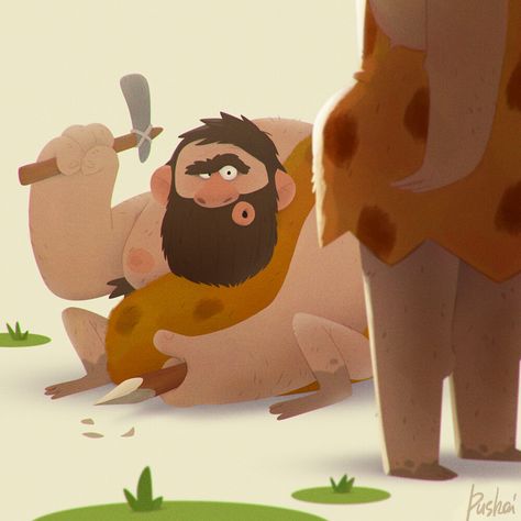 ArtStation - Caveman, Aleksandr Pushai Caveman Illustration, Character Design Tips, Stylized Character, Character Design Challenge, Fred Flintstone, Simple Character, Male Characters, Illustration Character, Design Challenge