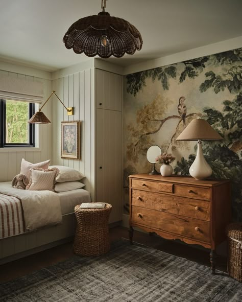 Amber Interiors Design, Bed In Corner, Transitional Furniture, Cosy Cottage, Accent Wall Bedroom, Nursery Room Inspiration, Nursery Inspo, Bedroom Accent, Vintage Cottage