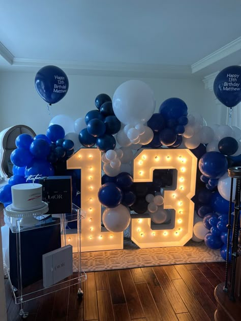 Black And Royal Blue Party Decorations, Navy Blue Themed Birthday Party, Blue And White Theme Birthday Decoration, Navy Blue Birthday Decorations, Dark Blue Themed Birthday Party, Blue 13th Birthday Party Ideas, White And Blue Birthday Theme, Dark Blue Birthday Decorations, 13 Shades Of Blue Party