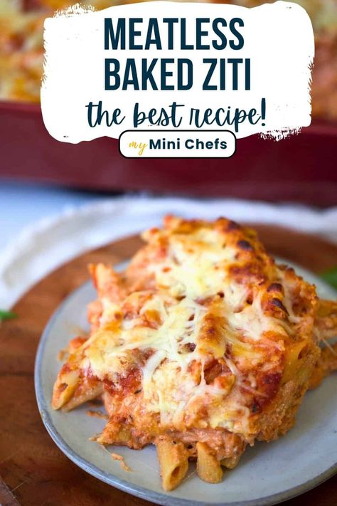 This easy recipe for Meatless Baked Ziti is made with a few simple ingredients but is super flavorful and quick to put together. It's guaranteed to become a family favorite! 5 Ingredient Baked Ziti, Quick Easy Meatless Dinner, Easy Baked Ziti Meatless, Baked Ziti Recipe Meatless, Meatless Ziti Recipes, Meatless Meals For Kids, Baked Ziti No Meat, Meatless Pasta Dishes, Simple Baked Ziti