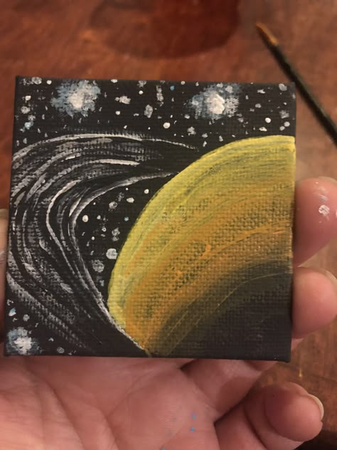 Mini Saturn canvas Saturn Painting Easy, Painting Of Saturn, Saturn Sketch, Saturn Painting, Saturn Drawing, Small Painting Ideas Mini Canvas, Saturn Art, Space Art Projects, Black Background Painting