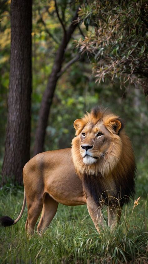 "Behold the true king of the jungle, a powerful lion standing tall amidst the dense jungle backdrop. With its mane flowing and eyes sharp, this majestic creature embodies strength, dominance, and the untamed beauty of the wild. Perfect for nature lovers, wildlife enthusiasts, and anyone inspired by the incredible power of nature’s apex predators." Jungle Lion, Jungle Life, Wild Lion, Lion Pride, King Of The Jungle, Apex Predator, Exotic Plants, Lush Greenery, Wild And Free