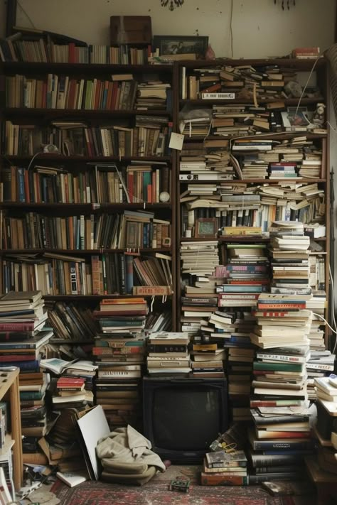 Messy Library Aesthetic, Messy Room With Books, Messy Home Aesthetic, Organized Chaos Aesthetic, Messy Bookshelf Aesthetic, Chaotic Academia Room, Messy Study Aesthetic, Messy House Aesthetic, Messy Apartment Aesthetic