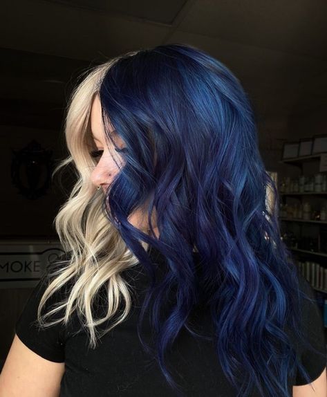 Blue And Purple Streaks In Hair, Blue And Blonde Hair, Cool Hair Color Ideas, We Made It To Friday, Made It To Friday, Hair Halo, Split Dyed Hair, Vivid Hair Color, Dyed Hair Inspiration