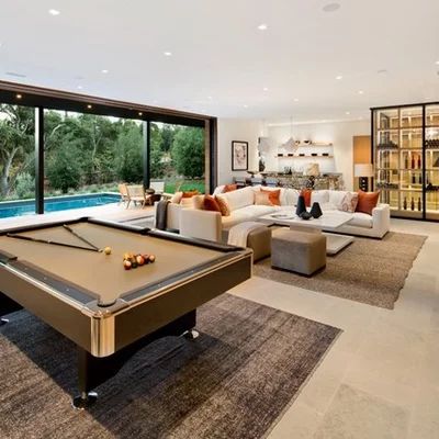 Contemporary Cottage - Contemporary - Basement - DC Metro - by DeFalco Home Design | Houzz Basement Rec Room Ideas, Rec Room Ideas, Basement Rec Room, Living Room Decoration Ideas, Pool Table Room, Modern Family Rooms, Room Decoration Ideas, Basement Living Rooms, Game Room Family