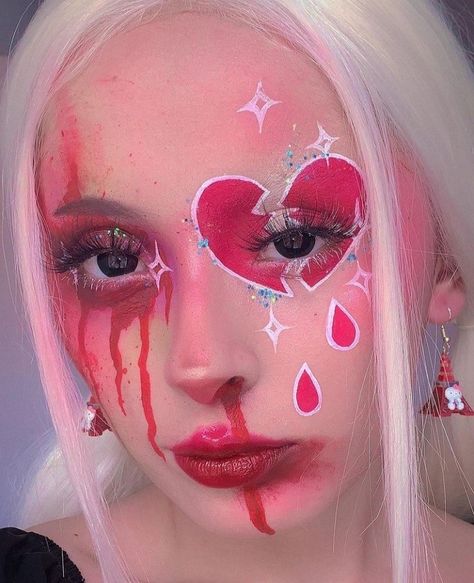 Heart Break Makeup, Heart Halloween Makeup, Anti Valentines Makeup, Heart Clown Makeup, Scary Doll Makeup, Broken Makeup, Crazy Eye Makeup, Cute Clown Makeup, Gore Makeup