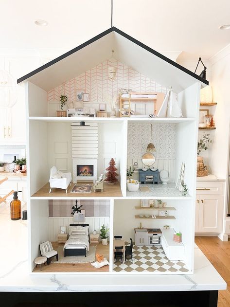 Diy Dollhouse With Storage, Farm Doll House Diy, Barbie Dolls House Diy, Wood Dollhouse Diy, Doll House Repurpose, Home Made Dollhouse, Modern Dollhouse Interior, Dolls House Diy Ideas, Diy Dollhouse Design