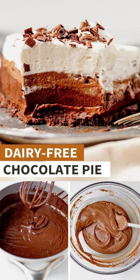 This dairy-free chocolate pie starts with a crunchy chocolate cookie crust, layered with chocolate pudding and whipped cream. Make it ahead for a delectable chocolate dessert that will be a hit at your Thanksgiving table. This easy and dairy-free dessert is perfect for everyone to enjoy. Dairy Free Pie Recipes, Dairy Free Whipped Topping, Dairy Free Pies, Dairy Free Pudding, Dairy Free Whipped Cream, Chocolate Cookie Crust, Chocolate Pie With Pudding, Crunchy Chocolate, Dairy Free Cookies