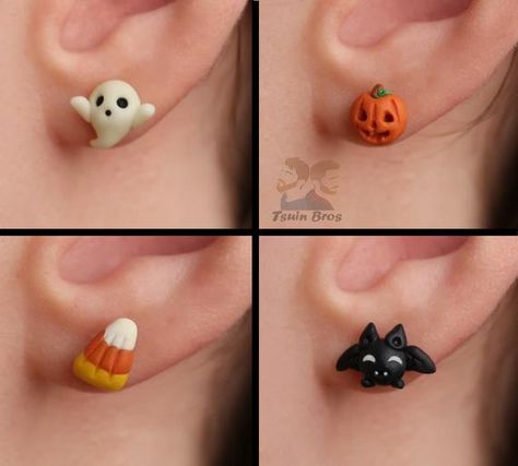 Polymer Clay Halloween Earrings, Handmade Polymer Clay Halloween Jewelry, Ghost Earrings Polymer Clay, Fimo Halloween, Cute Hypoallergenic Halloween Earrings, Halloween Clay Stud Earrings, Halloween Earrings Studs, Dulces Halloween, Pumpkin Candy Corn