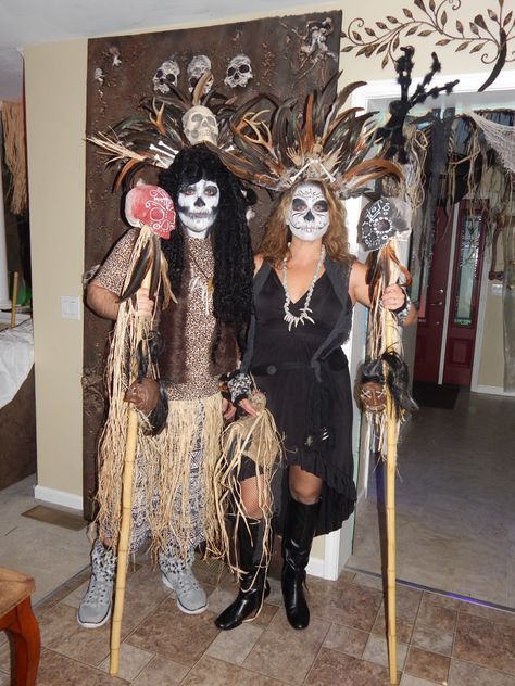 Our homemade witch doctor costumes for this Halloween! Halloween Wedding Dress Ideas, Diy Halloween Wedding, Halloween Wedding Dress, Witch Doctor Costume, Voodoo Party, Goddess Costumes, Voodoo Doll Costume, Voodoo Costume, Adult Halloween Party Decorations