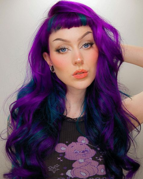 #purplehair #bluehair #greenhair#hairdye #shortbangs #hairstyle #pinwheel #curls #trending Purple Pink Green Hair, Evelina Forsell, Purple And Green Hair, Dyeing My Hair, Bright Purple Hair, Dark Waves, Funky Hair Colors, Arctic Fox Hair Dye, Dark Green Hair