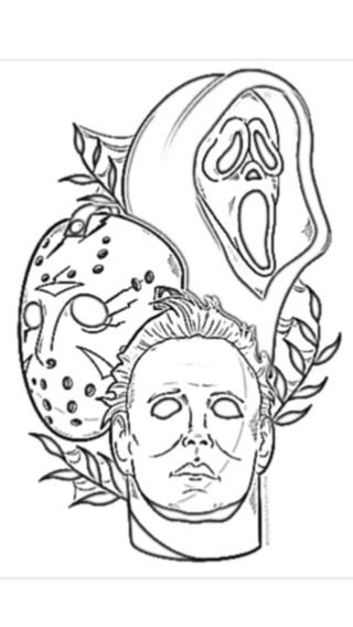 Michael Myers Outline Tattoo, Horror Line Drawing, Micheal Myers Coloring Pages, Micheal Myers Tattoo Stencil, Scream Movie Coloring Pages, Jason Mask Tattoo Stencil, Micheal Myers Drawings Easy, Easy Michael Myers Drawing, Jason Voorhees Tattoo Stencil