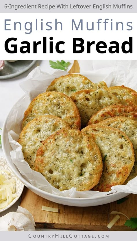 English muffin garlic bread is simple to make with loads of garlic and cheese. This easy garlic bread recipe is so gooey and garlicy and goes well as a snack, appetizer, and side for many dishes. Perfect when you need a cheesy bread fix! The recipe is a great way to use up leftover English muffins and turn them into something absolutely delicious and super quick to put together. It’s great to dip in soups and stews and tastes yummy served alongside pasta dishes. | CountryHillCottage.com English Muffin Garlic Toast, Garlic Bread English Muffins, What To Make With English Muffins, Garlic Bread Bagel, Leftover English Muffins, English Muffin Garlic Bread, Things To Do With English Muffins, Bagel Garlic Bread, Bre Recipe