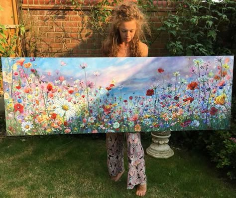 Textured Wildflower Painting, Wildflower Landscape Painting, Panoramic Landscape Painting, Horizontal Flower Painting, Big Landscape Paintings, Long Landscape Paintings Horizontal, Painting Ideas Horizontal, Oil Painting Ideas Landscape, Wildflower Canvas Painting