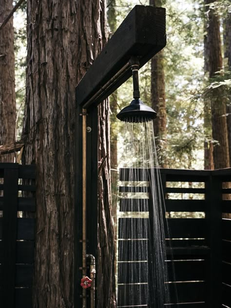 Photo 11 of 19 in This DIY Couple Craft a Tiny Cabin in the Santa Cruz Mountains for Less Than $35K - Dwell Diy Couples Crafts, Redwood Cabin, Diy Couple, Santa Cruz Mountains, Forest Cabin, Cabin Exterior, Outdoor Bath, Cabin Interiors, Outdoor Bathrooms