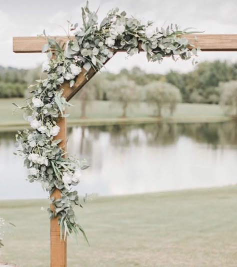 Floral Pergola Wedding, Arbour Flowers Wedding, Eculyptus Wedding Arch, Wedding Arch Eucalyptus Garland, Wedding Arch Ideas Greenery, Square Wedding Arch With Greenery, Wedding Arch Flowers Eucalyptus, Eucalyptus Wedding Arch Simple, Arbor Ideas Wedding Eucalyptus