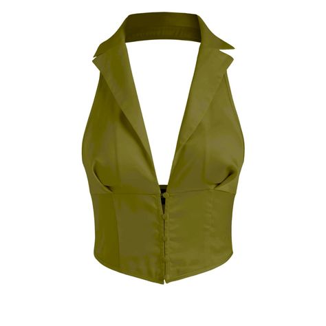 Composition: 96% Polyester 4% Spandex Stretch: Slight Fit Type: Regular Pattern Type: Solid Length: Crop Material: Satin Neckline: Halter Brand: Cider Cider Tops, Halter Top Pattern, Green Halter Top, Clothing Optional, Halter Tank Top, Halter Tank, Backless Top, V Neck Tank Top, Solid Tops